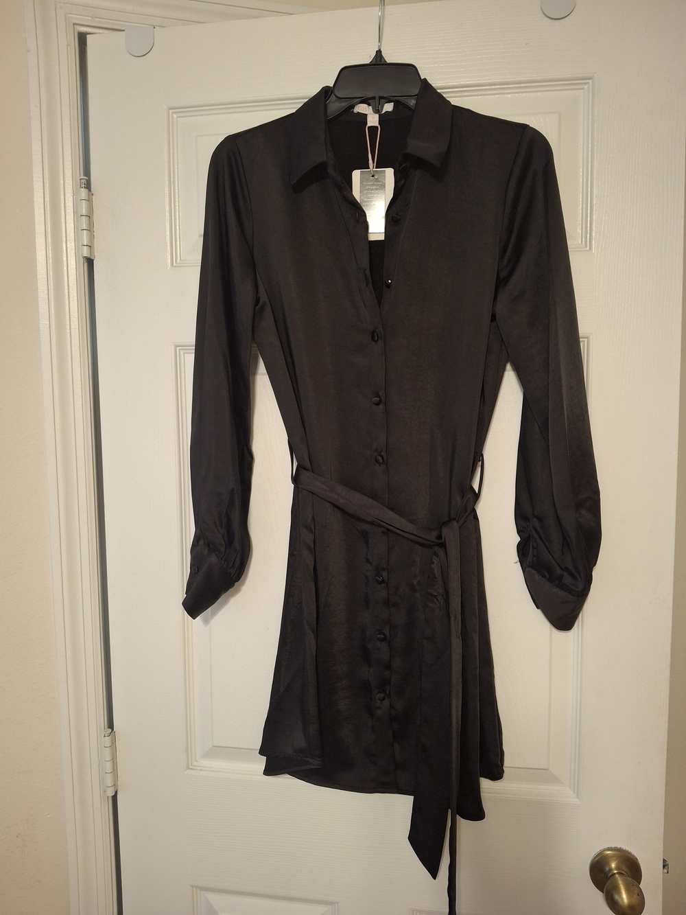Gianni Bini Black Long-Sleeve Button Shirt Dress with Tie Belt